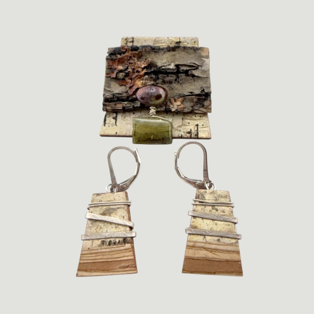 Tessoro Birch Bark Jewelry Set Earrings Brooch Pendant Sterling Silver Artisan